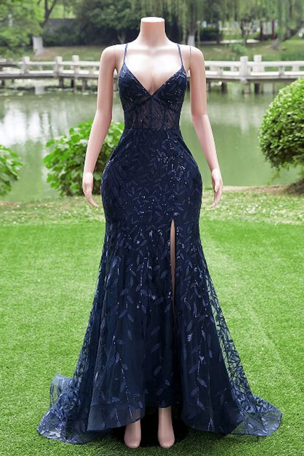 Navy Blue Mermaid Long Prom Dress with Leg Slit, Navy Blue Party Dress kateprom Navy Blue Mermaid Long Prom Dress with Leg Slit, Navy Blue Party Dress kateprom