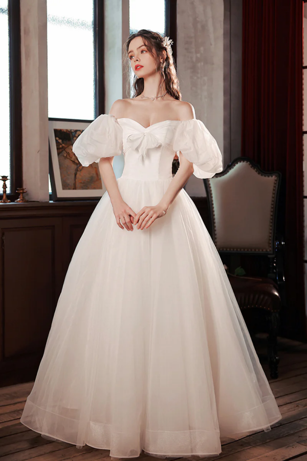 White Tulle Long Prom Dress, Lovely A Line Puff Sleeve Evening Dress K –  kateprom