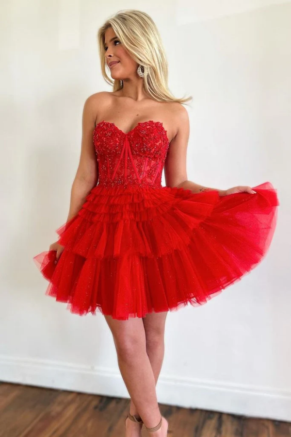 kateprom Sweetheart Neck Strapless Beaded Red Lace Homecoming Dress KPH0685 US12 As Photo