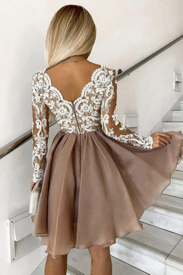 Long Sleeves V Neck Champagne Lace Prom Dresses, Short Homecoming Dres – kateprom