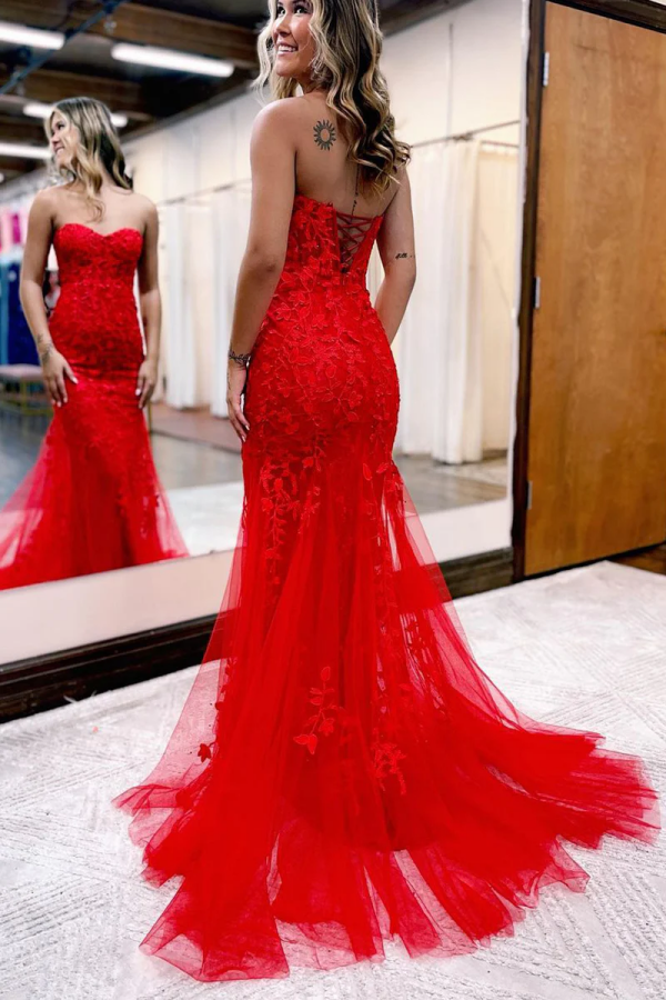 Cute Mermaid Sweetheart Red Tulle Prom Dresses with Appliques