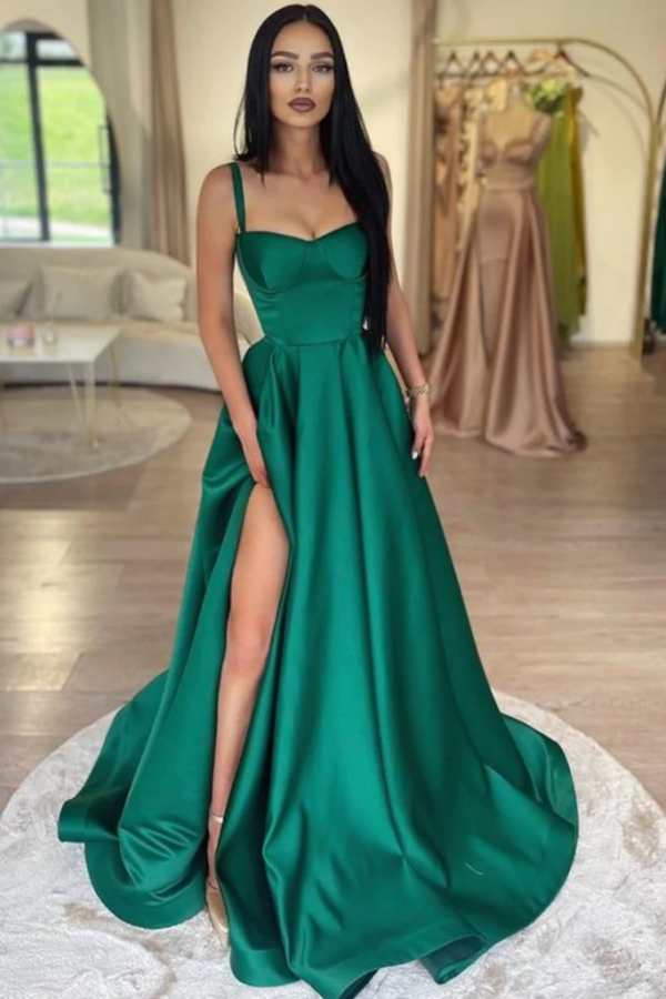 Simple A Line Green Satin Long Prom Dress with High Slit KPP1775 kateprom Simple A Line Green Satin Long Prom Dress with High Slit KPP1775 kateprom