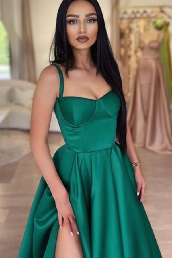 Simple A Line Green Satin Long Prom Dress with High Slit KPP1775 – kateprom