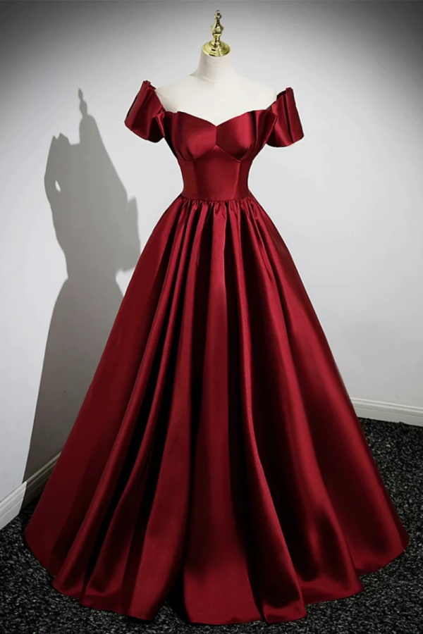 A Line Burgundy Satin Floor Length Prom Dress, Off the Shoulder New Pa –  kateprom