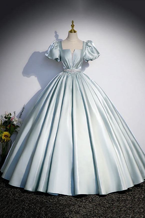 Cute Satin Floor Length Prom Dress, A Line Short Sleeve Evening Party Dress KPP1810