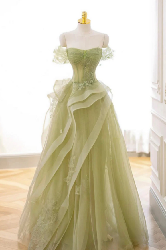A Line Off Shoulder Tulle Lace Green Long Prom Dress, Green Lace Long Formal Dress KPP1811