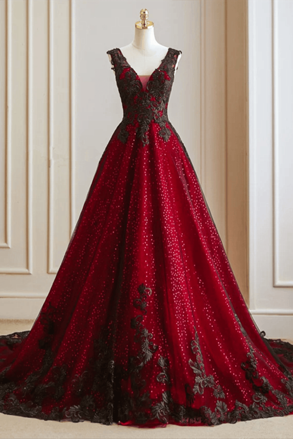 Black and Red V neckline Tulle Long Formal Dress, Black and Red Party –  kateprom