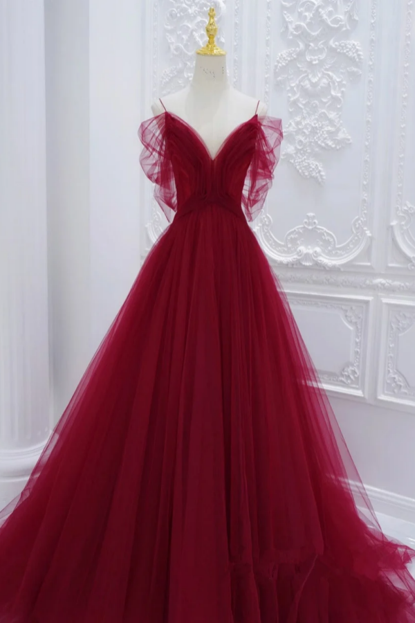 Wine Red Tulle V Neckline Long Party Dress, Wine Red Tulle Prom Dress –  kateprom
