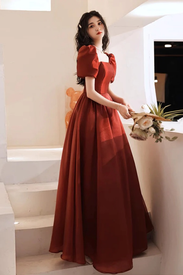 A Line Puff Sleeves Organza Burgundy Long Prom Dress, Burgundy Long Ev kateprom A Line Puff Sleeves Organza Burgundy Long Prom Dress, Burgundy Long Ev kateprom