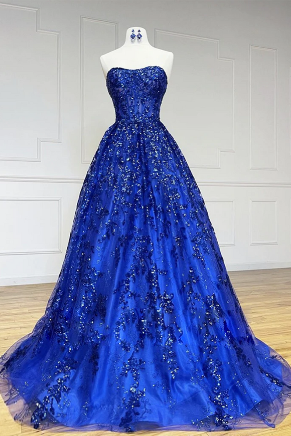 A Line Sweetheart Neck Tulle Sequin Blue Long Prom Dress, Blue Long Formal Dress KPP1866