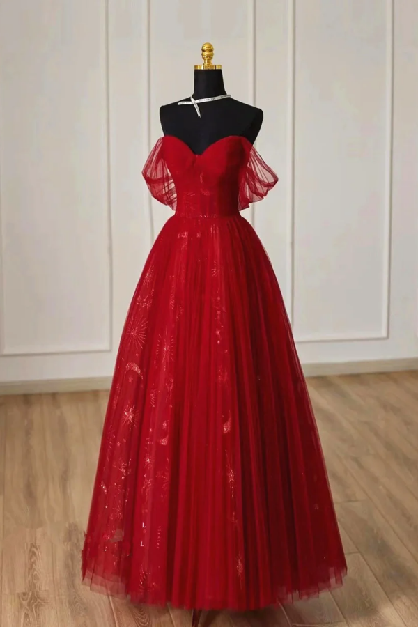 Cute Wine Red Tulle Sweetheart Off Shoulder Prom Dress, Wine Red Long kateprom Cute Wine Red Tulle Sweetheart Off Shoulder Prom Dress, Wine Red Long kateprom