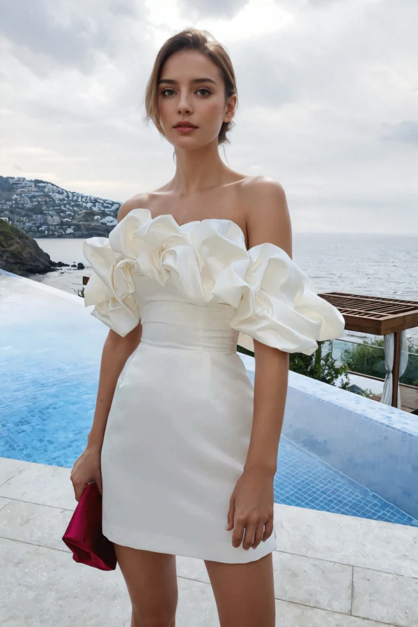 Off Shoulder Sleeveless Satin Mini Homecoming Dress With Ruffles KPH07 kateprom Off Shoulder Sleeveless Satin Mini Homecoming Dress With Ruffles KPH07 kateprom