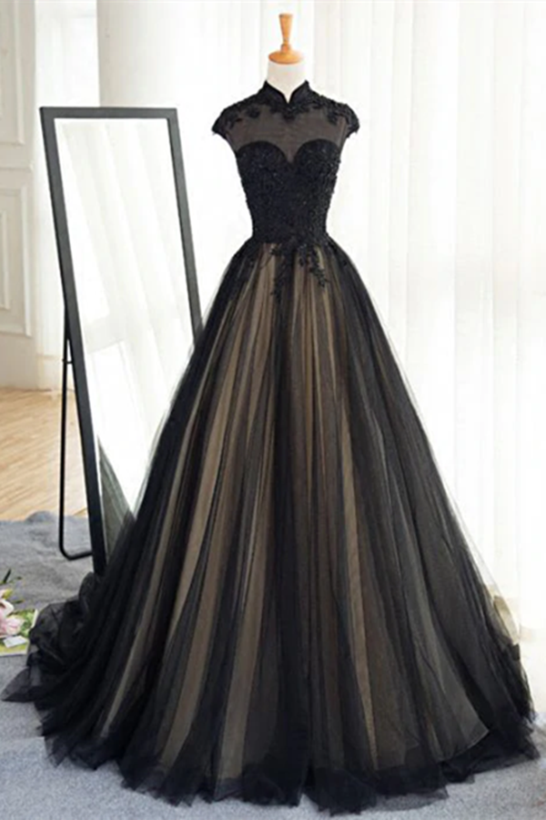 Kateprom Chic A line High Neck Black Tulle Floor Length Modest Prom Dr –  kateprom