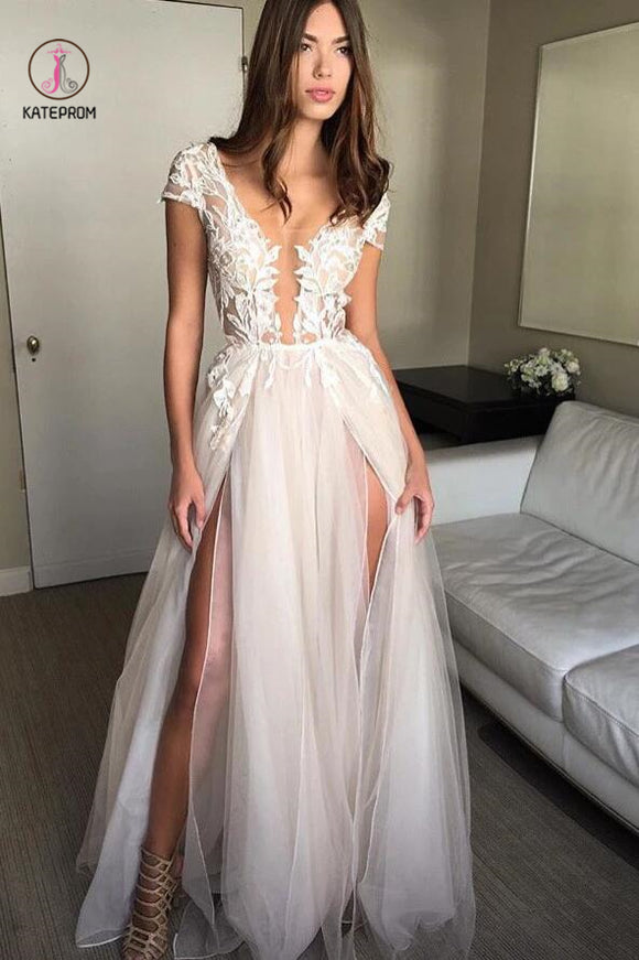 Cap Sleeve Deep V-neck Prom Gown With Appliques,Sexy Split Tulle Wedding Dresses KPW0004