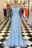 Spaghetti Strap Light Sky Blue Mermaid Prom Dresses Backless Formal Dress KPP0321