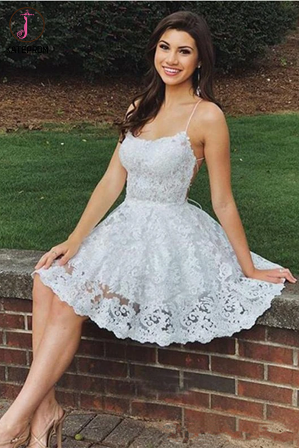 Kateprom Spaghetti Straps Off White Lace Short Homecoming Dresses