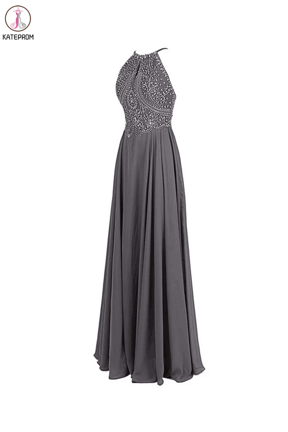 Gray Chiffon Backless Cheap Long Evening Prom Dress KPP0013