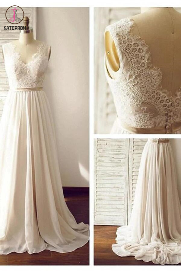 V-neck Backless Wedding Gown,Long Chiffon Bridal Dress,Sleeveless Lace   kateprom
