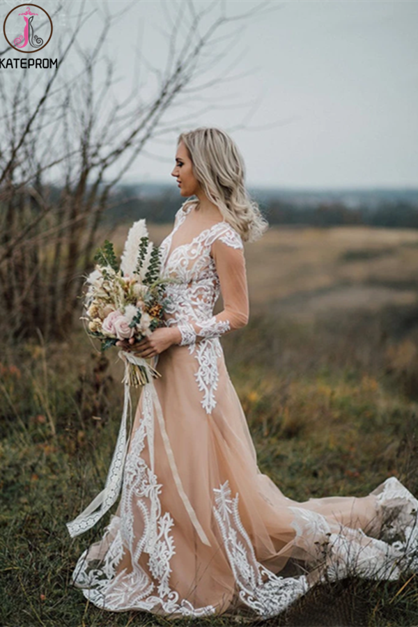 Kateprom Boho Wedding Dress With Nude Underlay Tulle Lace Applique Wed kateprom Kateprom Boho Wedding Dress With Nude Underlay Tulle Lace Applique Wed kateprom