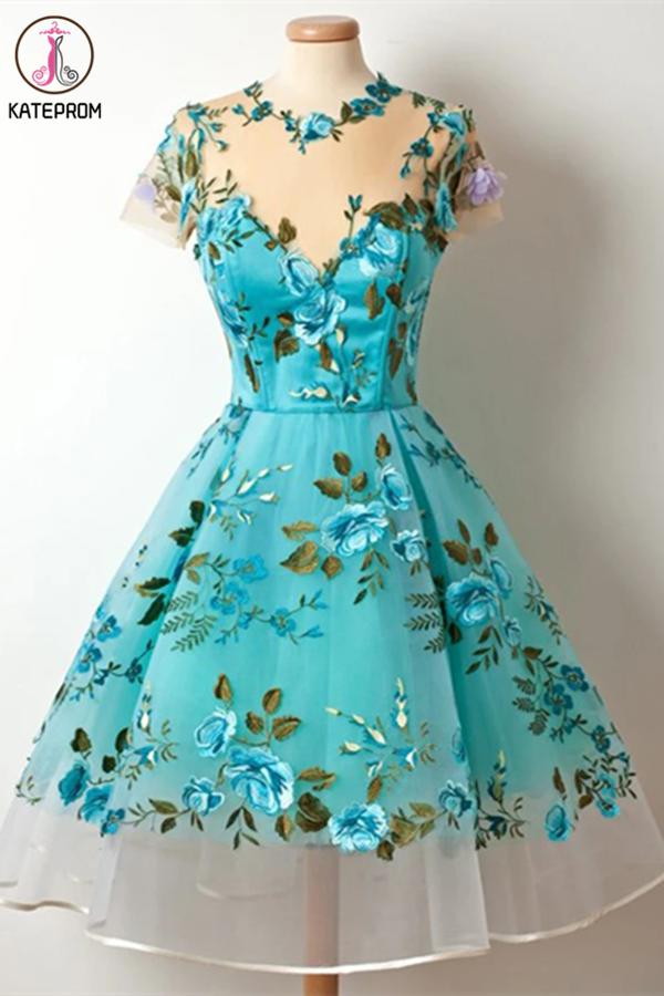 Kateprom Lace Homecoming Dresses Scoop A Line Floral Short Prom Dress kateprom Kateprom Lace Homecoming Dresses Scoop A Line Floral Short Prom Dress kateprom