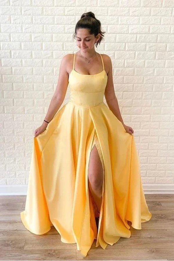 yellow maxi dress with split Kateprom Yellow Sleeveless Split Long Prom Dresses, Sweep Train Evenin –  kateprom