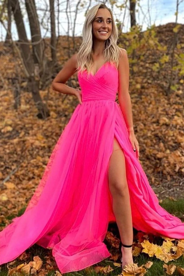 Kateprom A Line V Neck Hot Pink Prom Dresses With Slit, Long Formal Ev –  kateprom