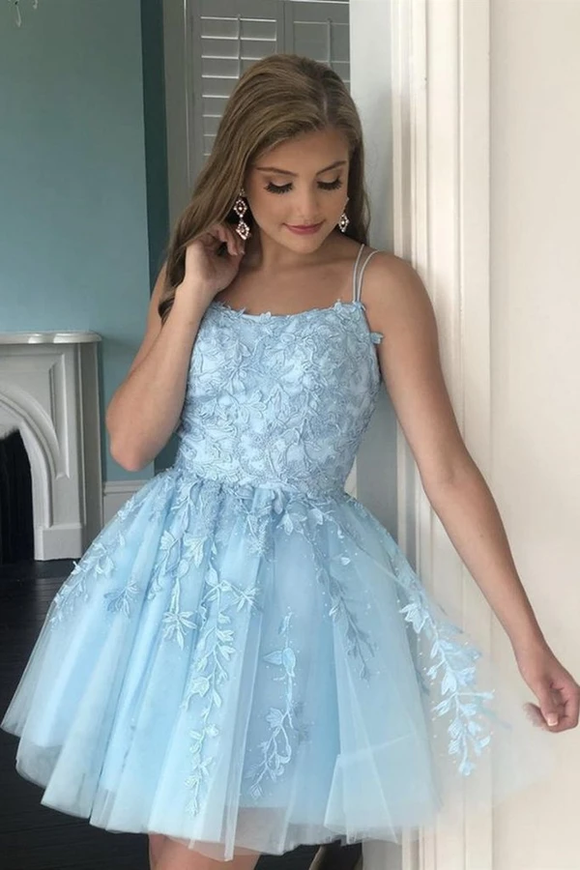 Kateprom A Line Light Blue Tulle Homecoming Dress With Lace Appliques, Short Prom Dress KPH0580