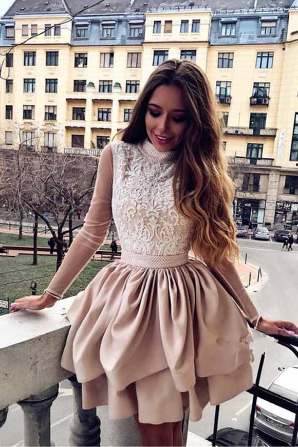 Kateprom A Line High Neck Long Sleeve Pleats Open Back Satin Short Homecoming Dresses With Lace KPH0594