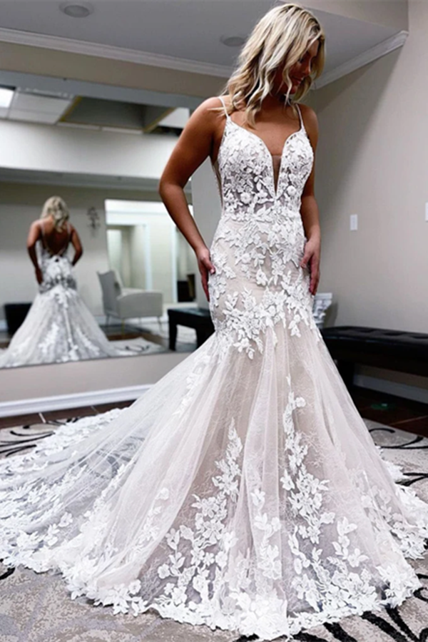 green emerald velvet dress Spaghetti Strap Lace Applique Ball Gown Wedding Dresses with Train AWD1332 main image 1