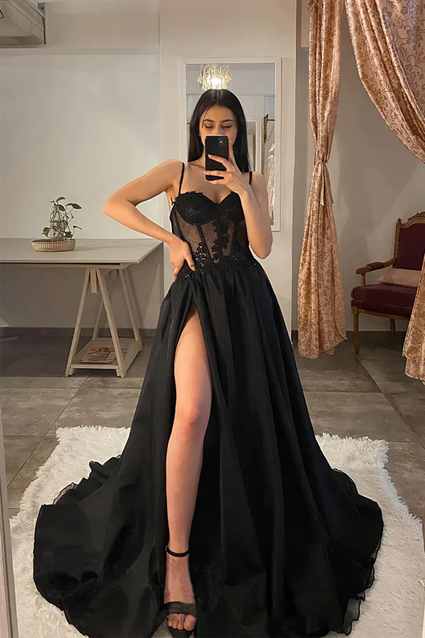 Spaghetti Straps Thigh Split Lace Appliques Black Prom Dresses KPP1688 kateprom