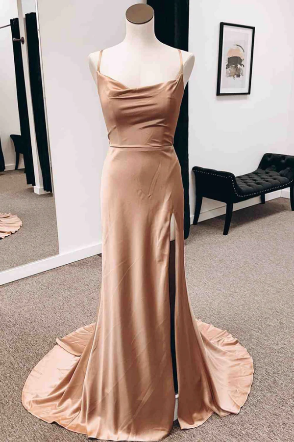 Backless Champagne Long Prom Dress with High Slit, Formal Graduation E –  kateprom