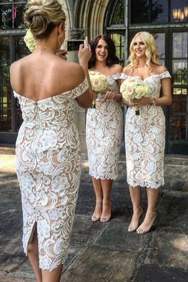Elegant Sheath Off the Shoulder Tea Length White Lace Bridesmaid Dress kateprom Elegant Sheath Off the Shoulder Tea Length White Lace Bridesmaid Dress kateprom