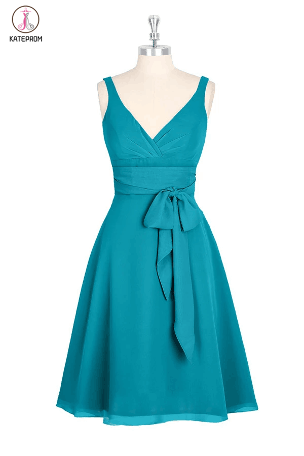 A-line V-neck Chiffon Turquoise Short Bridesmaid Homecoming Dresses KP –  kateprom