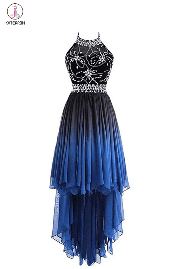 High Low Halter Sleeveless Chiffon Ombre Prom Dress, Beading Ombre Bri –  kateprom