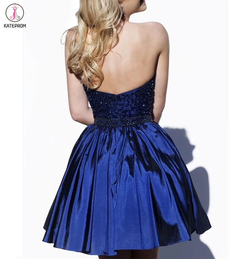 Royal Blue Short Prom Dress,Beading Halter Short Backless Satin Homeco