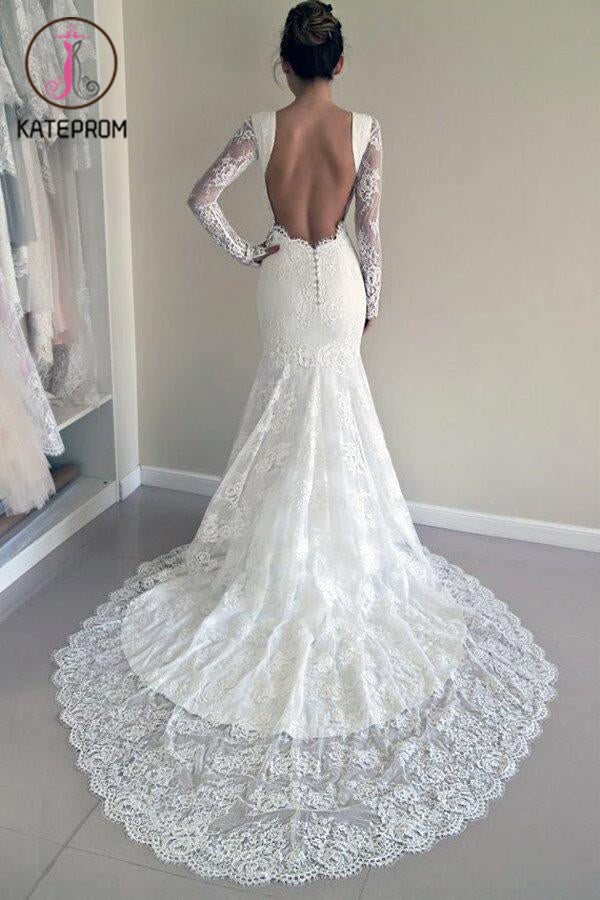 Long Sleeves Open Back Lace Wedding Dress with Train,Mermaid Beach Wed kateprom Long Sleeves Open Back Lace Wedding Dress with Train,Mermaid Beach Wed kateprom