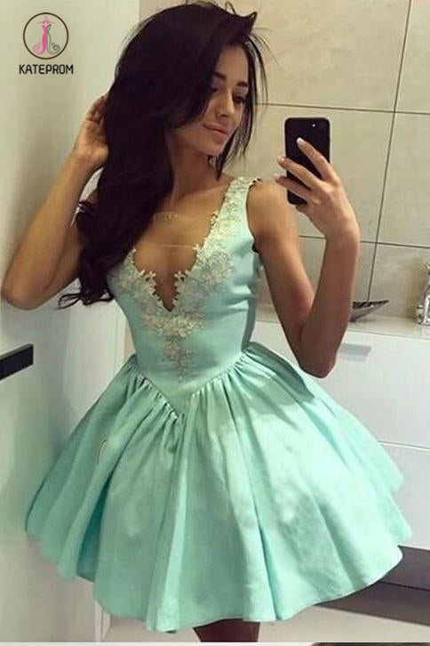 Kateprom Cute Tiffany Blue V Neck Appliqued Short Homecoming Dress, Mi   kateprom