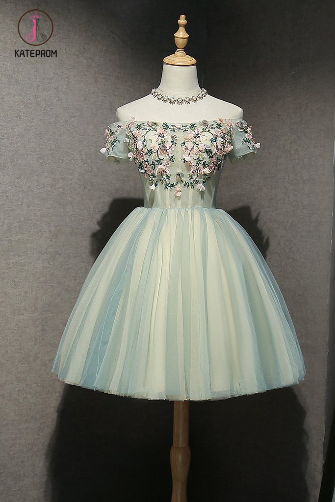 Kateprom Cute Off the Shoulder Tulle Homecoming Dress, Light Green Sho kateprom Kateprom Cute Off the Shoulder Tulle Homecoming Dress, Light Green Sho kateprom