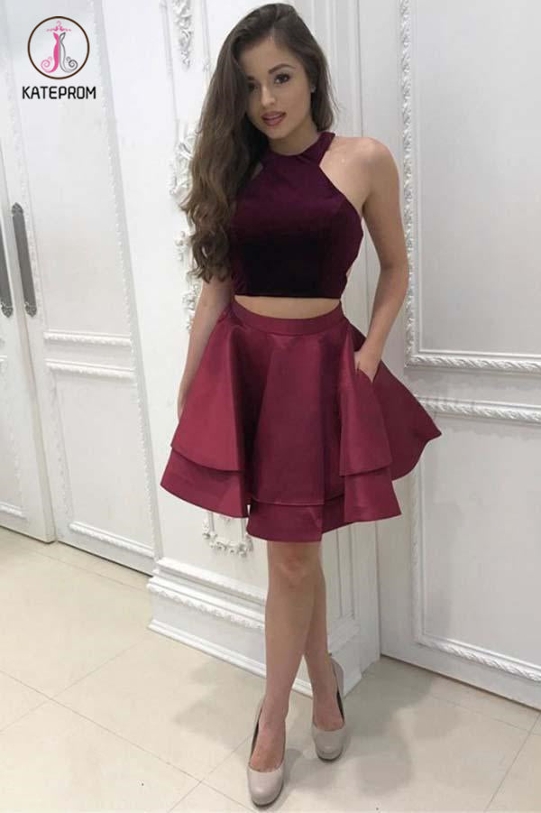 Kateprom Dark Red Two Piece Satin Mini Homecoming Dress, Simple Sleeve kateprom Kateprom Dark Red Two Piece Satin Mini Homecoming Dress, Simple Sleeve kateprom