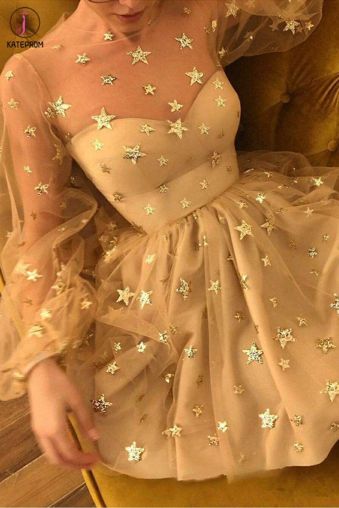 Kateprom Sparkly Long Sleeve Short Party Dress, Unique Sheer Neck Mini –  kateprom