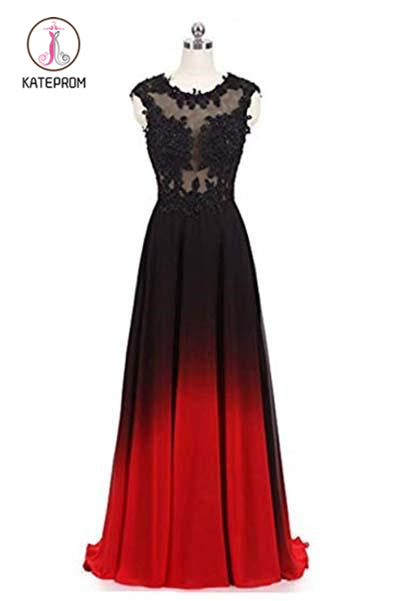 Kateprom Black and Red Sleeveless Ombre Prom Dresses, A Line Lace Appliques Party Dress KPP0874