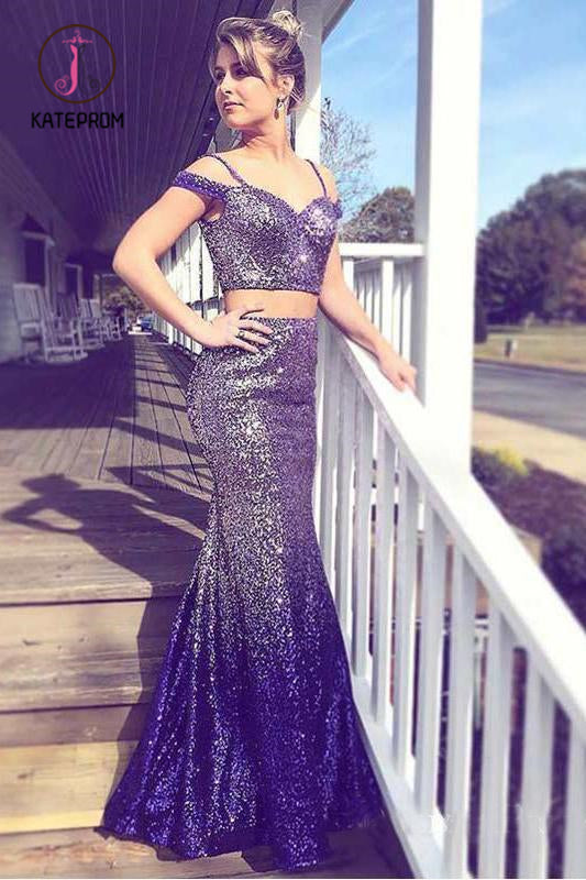 slim fit dress slacks Purple Beaded Two Piece Tulle A-line V neck Party Dress, Long Prom Dresses,  MP419 main image 0