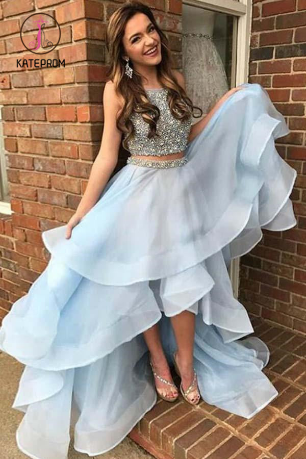 Kateprom Light Blue Two Piece Beading High Low Prom Dresses, Sparkly S kateprom Kateprom Light Blue Two Piece Beading High Low Prom Dresses, Sparkly S kateprom