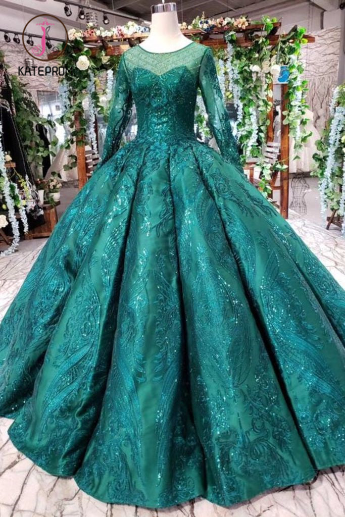 green emerald velvet dress Sage Tulle Appliques Quince Dress with Sleeves main image 0