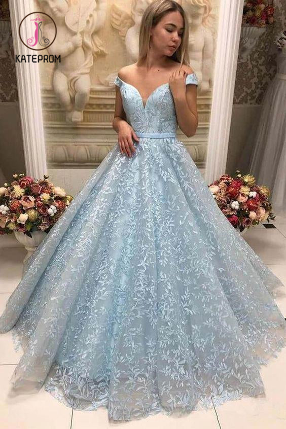 Kateprom New Arrival Light Blue Lace Puffy Off Shoulder Prom Dresses F – kateprom