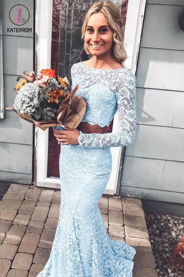 Kateprom Light Sky Blue Long Sleeves Mermaid Two Piece Prom Dresses, L   kateprom