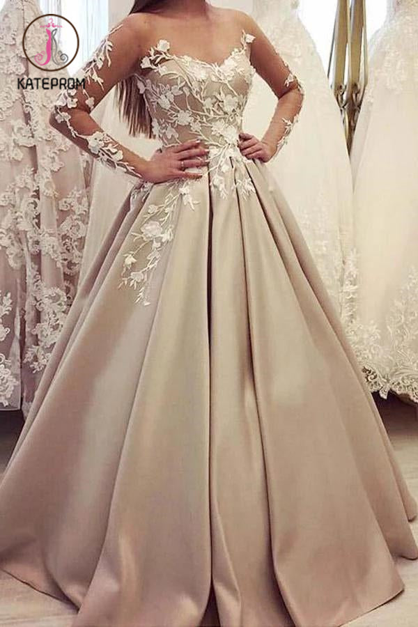 Kateprom Puffy Sheer Neck Long Sleeves Satin Prom Dress with Lace Appl kateprom Kateprom Puffy Sheer Neck Long Sleeves Satin Prom Dress with Lace Appl kateprom