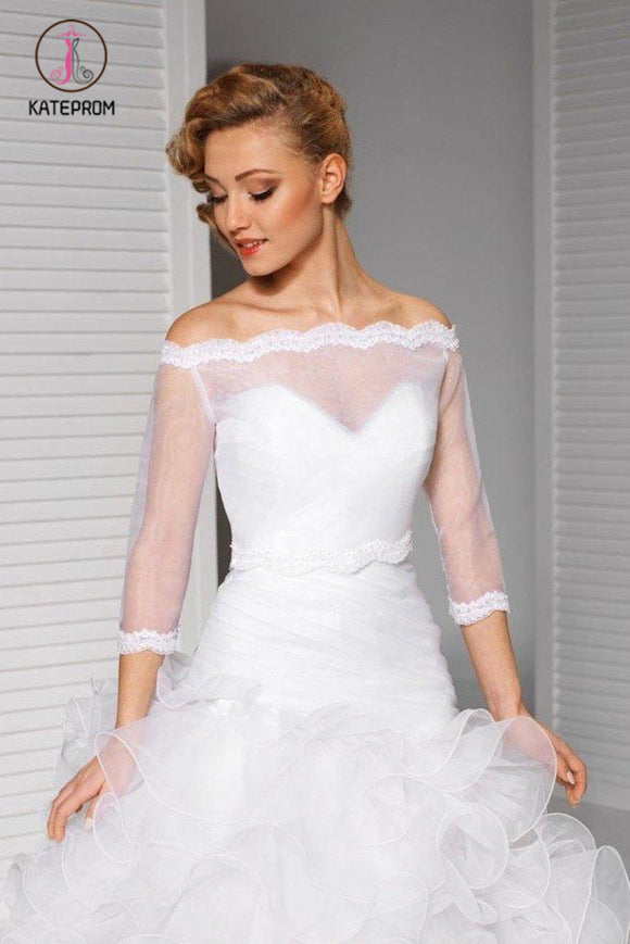 Kateprom Off the Shoulder Sheer Organza 3/4 Sleeve Bridal Cape Scalloped Lace Top, Wedding Wraps KPJ0013