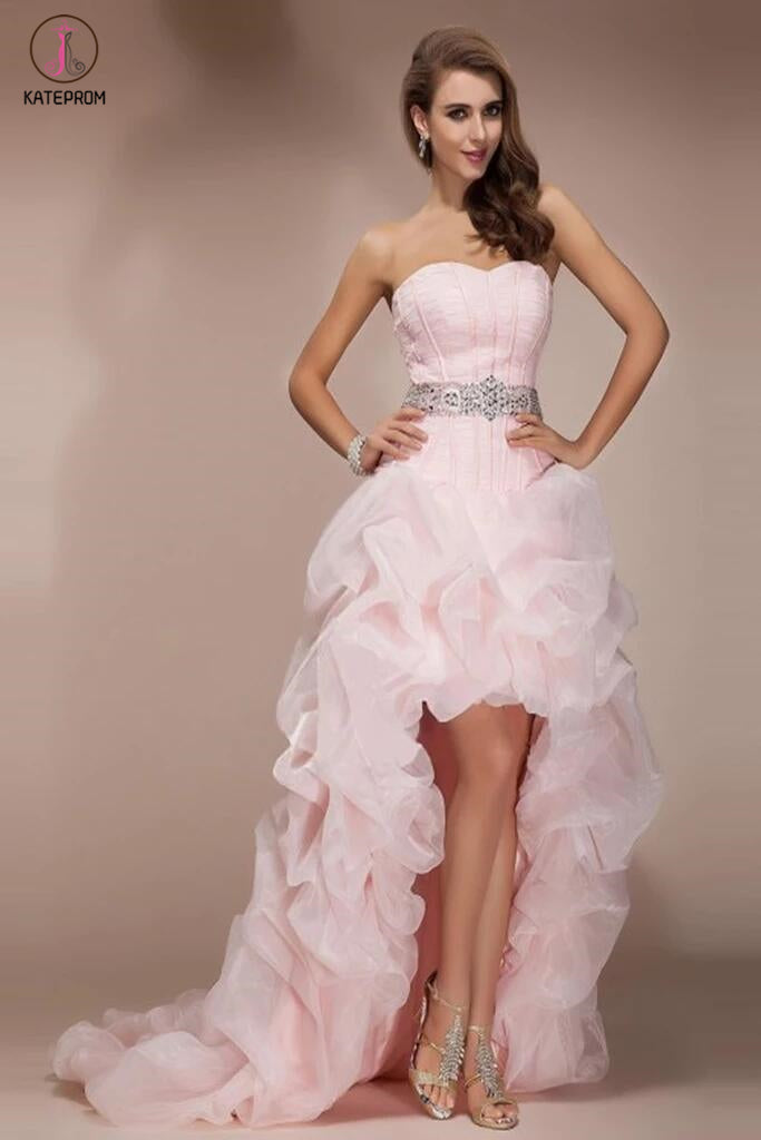 low back dress prom Pink High Low Backless Beaded Short Front Long Back Prom Dresses KPP00 – kateprom