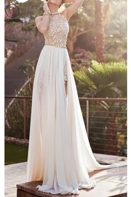 A-line Halter High Neck Lace Ivory Beach Wedding Dress,Prom Dresses KP – kateprom